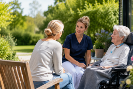 Pflegekraft begleitet ein Gespräch mit einer Seniorin im Rollstuhl und ihrer Angehörigen im sonnigen Garten.