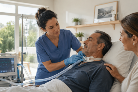 Pflegekraft versorgt einen südländischen Patienten mit Beatmung im häuslichen Umfeld, während eine Angehörige unterstützend an seiner Seite sitzt.