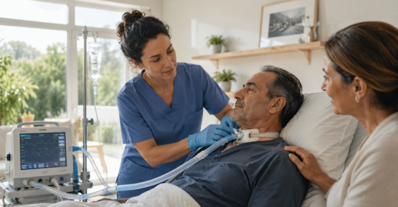 Pflegekraft versorgt einen südländischen Patienten mit Beatmung im häuslichen Umfeld, während eine Angehörige unterstützend an seiner Seite sitzt.