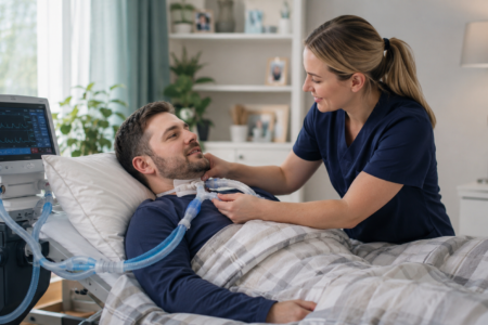 Pflegekraft betreut einen beatmeten Patienten im Pflegebett in einem hellen, wohnlichen Heimzimmer.