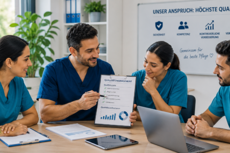 Pflegekräfte besprechen gemeinsam Qualitätsmanagement und Pflegeziele in einer Teambesprechung.