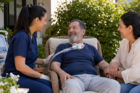 Pflegekraft betreut einen Patienten mit Beatmung im Garten, während eine Angehörige unterstützend an seiner Seite sitzt.