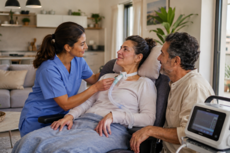 Pflegekraft versorgt eine Patientin mit Beatmung im häuslichen Umfeld, während ein Angehöriger unterstützend an ihrer Seite sitzt.