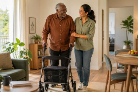 Senior mit Rollator erhält Unterstützung im Alltag beim Betreuten Wohnen in Bochum