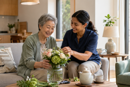 Seniorin und Pflegefachkraft gestalten gemeinsam Blumen in einer wohnlichen Umgebung beim Betreuten Wohnen