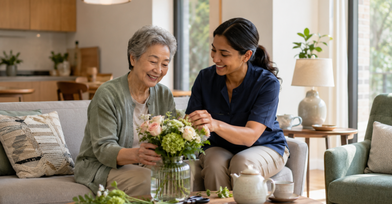 Seniorin und Pflegefachkraft gestalten gemeinsam Blumen in einer wohnlichen Umgebung beim Betreuten Wohnen