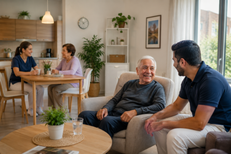 Bewohner und Pflegekräfte im hellen Gemeinschaftsraum einer Intensiv-Wohngemeinschaft in Bochum