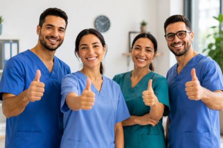 Vier freundliche Pflegekräfte in Arbeitskleidung zeigen Daumen hoch als Symbol für Teamarbeit und offene Stellen in der ambulanten Pflege.